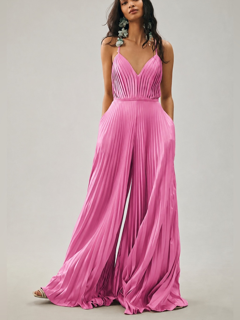 Anthropologie Mac Duggal Pleated Plunge Neck Wide Leg Jumpsuit Pink size 8
